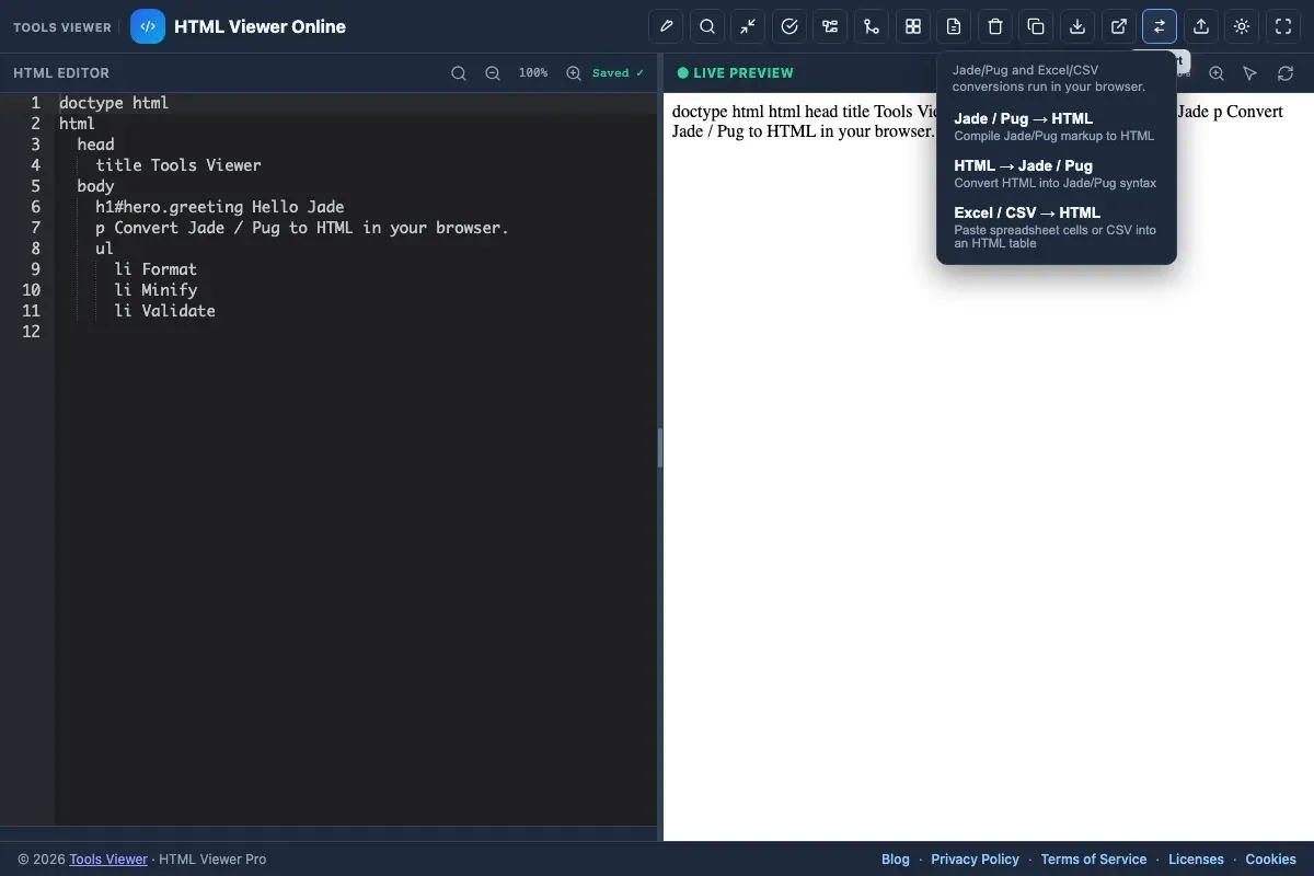 Convert menu with Jade/Pug and Excel/CSV to HTML options in HTML Viewer Pro