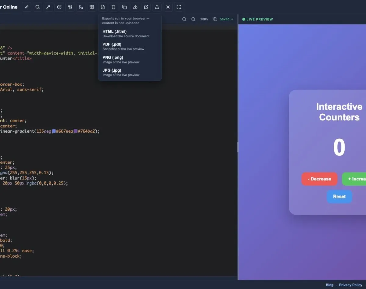 HTML Viewer Pro Export menu with HTML, PDF, PNG, and JPG options