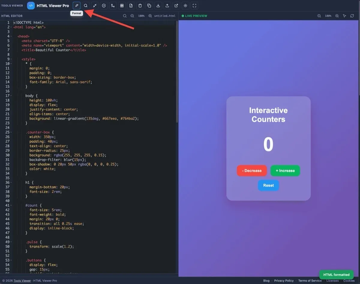 Format / Pretty Print button in the HTML Viewer Pro toolbar beautifying HTML