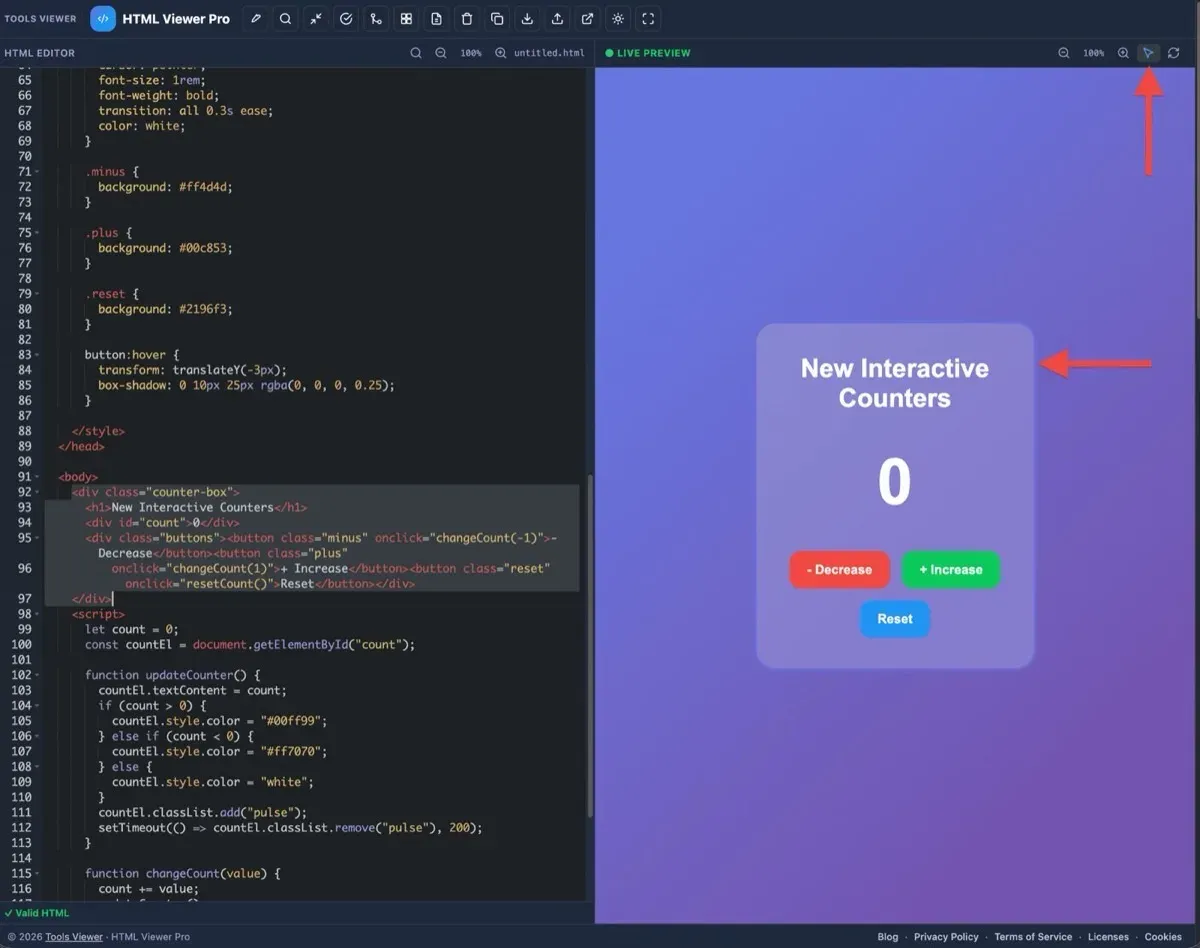 Inspect element: click preview to highlight source in the editor
