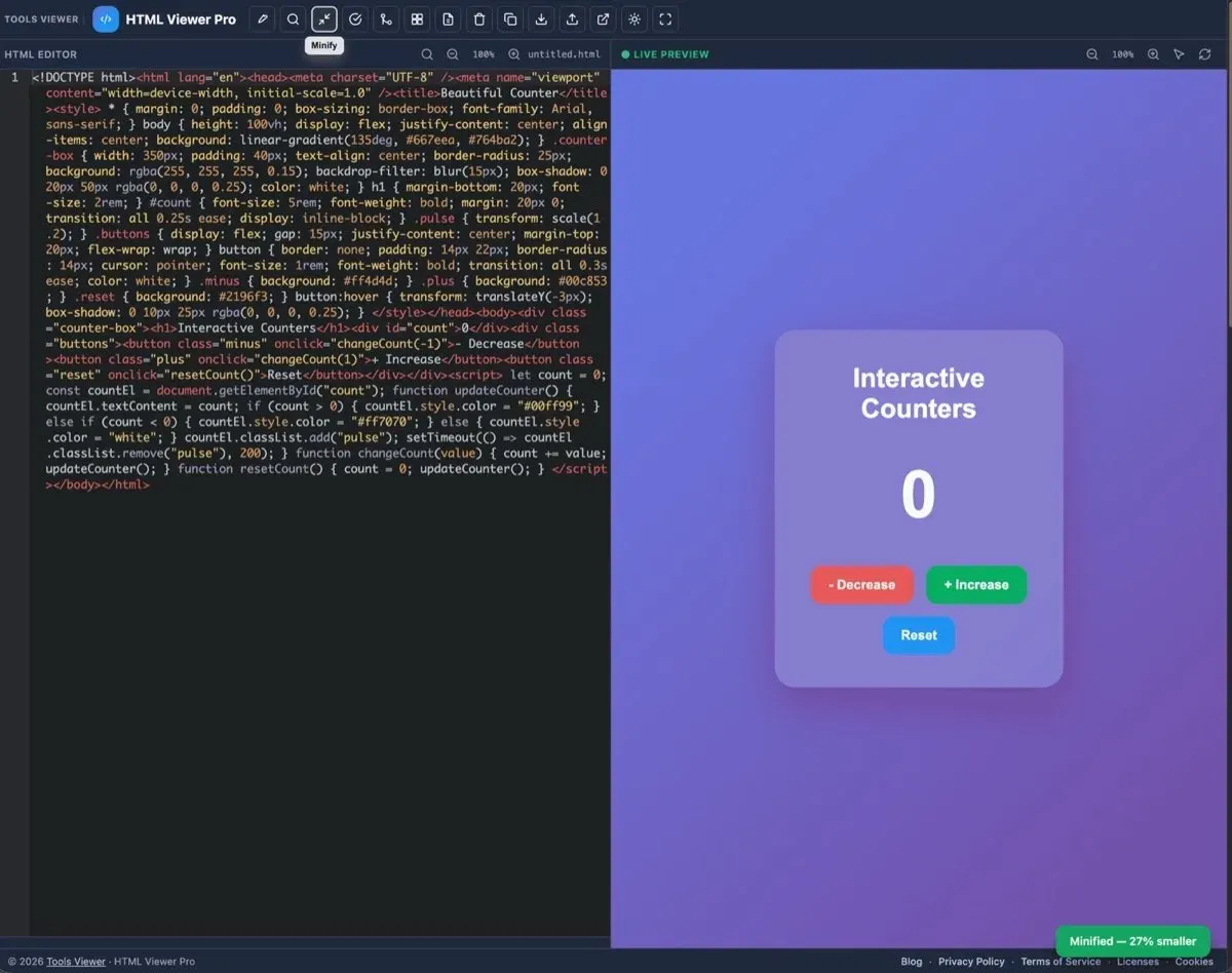 Minify button in the HTML Viewer Pro toolbar compressing HTML
