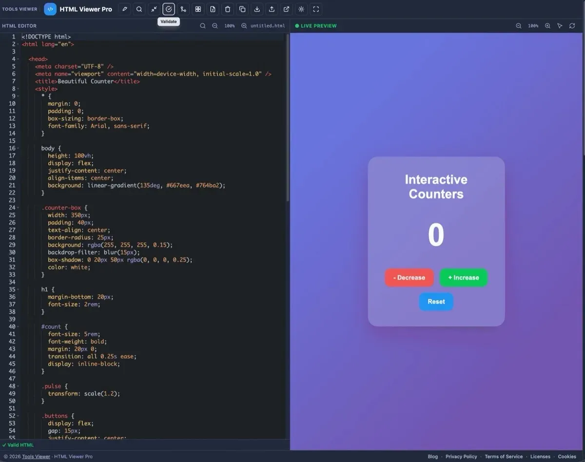 Validate toolbar button with tooltip and Valid HTML status in the editor footer