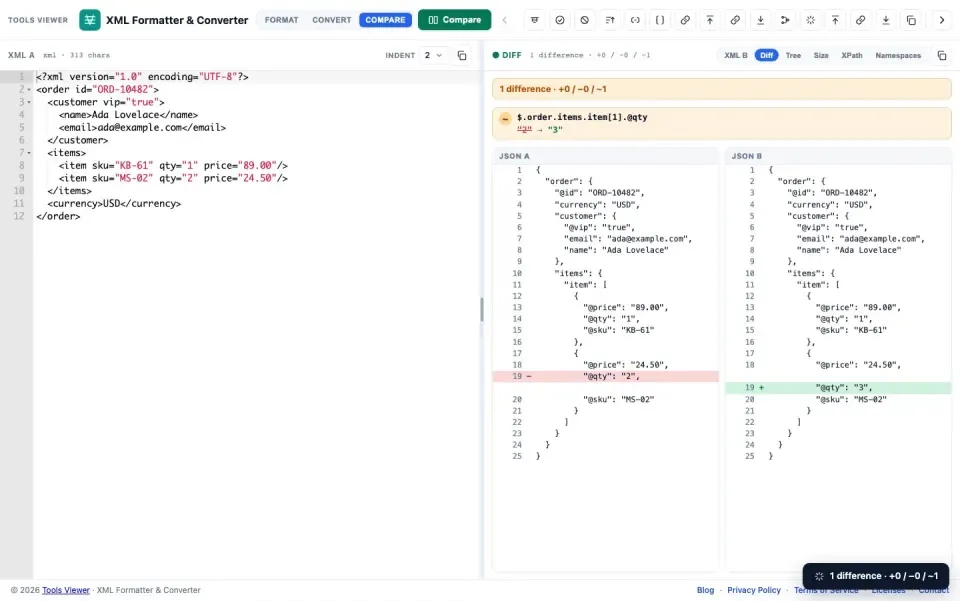 XML compare mode with structural diff report