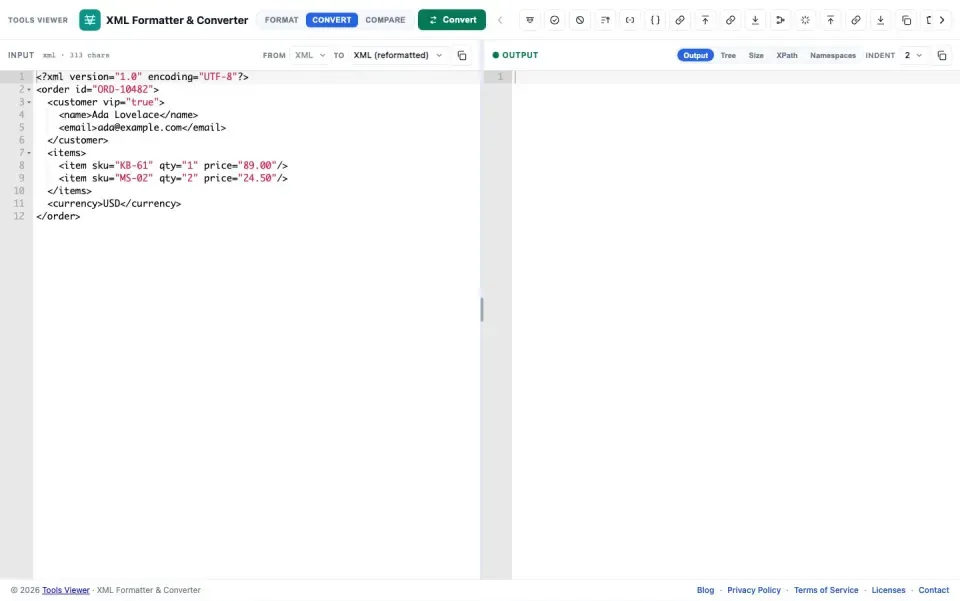 XML converter with JSON CSV TSV YAML and string outputs