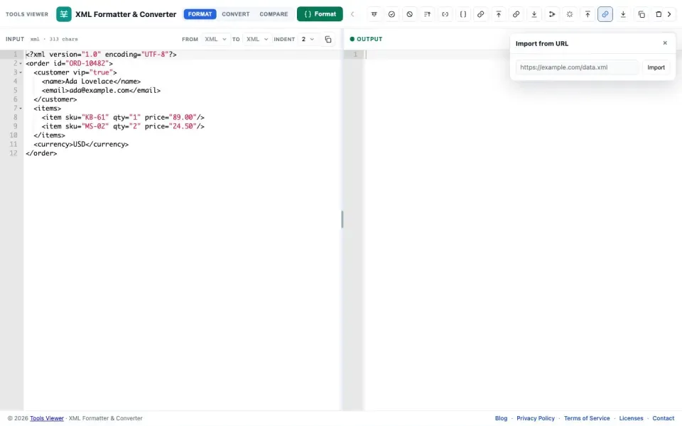 Import XML from URL control in the XML formatter