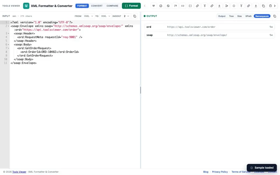 Namespace inventory listing XML prefixes and URIs