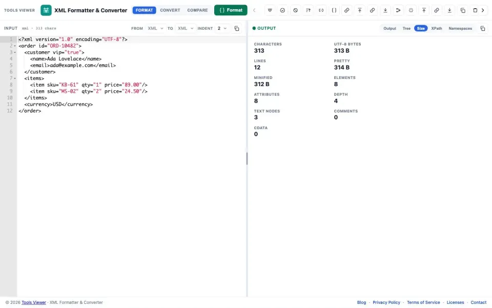 XML size calculator panel with byte and minify stats