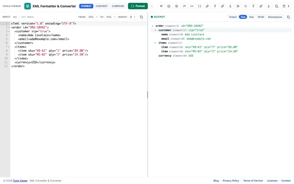 XML tree outline viewer in the results panel