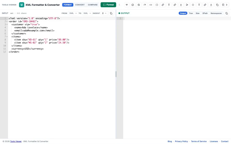 XML Formatter & Converter workspace overview